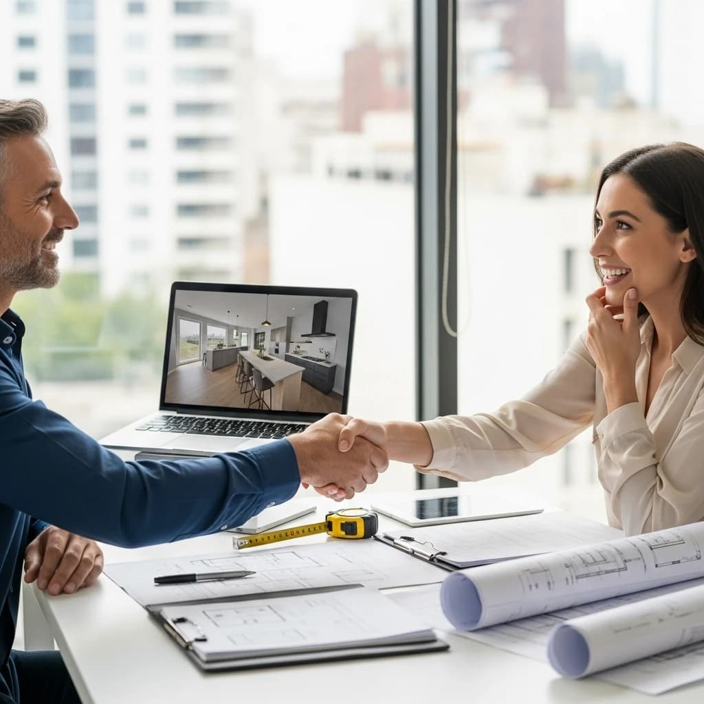 Equipo ARMUZA colaborando en un proyecto de diseño de interiores, con planos y muestras de materiales